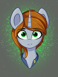 Size: 2400x3200 | Tagged: safe, artist:stravy_vox, imported from derpibooru, oc, oc only, oc:littlepip, pony, unicorn, fallout equestria, abstract background, alternate hairstyle, big horn, bust, clothes, eye clipping through hair, female, hair over one eye, horn, jumpsuit, looking at you, mare, portrait, smiling, smiling at you, solo, vault suit