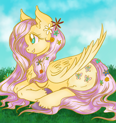 Size: 1280x1352 | Tagged: safe, artist:pinkcorgo, imported from derpibooru, fluttershy, pegasus, pony, chest fluff, colored hooves, female, flower, flower in hair, folded wings, grass, looking away, lying down, mare, open mouth, open smile, outdoors, profile, prone, smiling, solo, unshorn fetlocks, wings