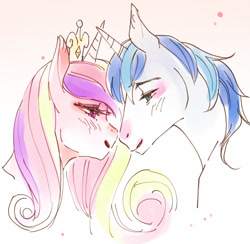 Size: 560x547 | Tagged: safe, artist:pasikon, imported from derpibooru, princess cadance, shining armor, alicorn, pony, unicorn, boop, bust, female, lidded eyes, male, mare, noseboop, pixiv, portrait, profile, shiningcadance, shipping, stallion, straight