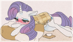 Size: 693x406 | Tagged: safe, artist:pasikon, imported from derpibooru, rarity, pony, unicorn, blanket, blushing, cup, cute, female, flushed face, lying down, mare, pillow, pixiv, prone, raribetes, sad, sadorable, solo, teacup, teary eyes