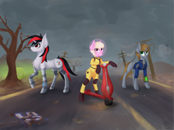 Size: 2000x1500 | Tagged: safe, artist:stravy_vox, imported from derpibooru, oc, oc only, oc:blackjack, oc:littlepip, oc:puppysmiles, pony, unicorn, fallout equestria, fallout equestria: pink eyes, fallout equestria: project horizons, amputee, clothes, fanfic art, female, grin, horn, jumpsuit, pipbuck, prosthetic leg, prosthetic limb, prosthetics, radiation suit, road, scooter, small horn, smiling, trio, unicorn oc, vault suit