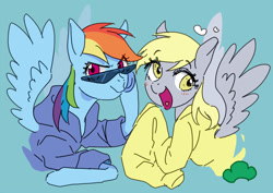 Size: 655x463 | Tagged: safe, artist:pasikon, imported from derpibooru, derpy hooves, rainbow dash, pegasus, pony, blushing, clothes, cute, duo, female, heart, hoodie, mare, open mouth, osomatsu-san, oversized clothes, pixiv, sunglasses