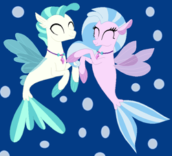 Size: 724x658 | Tagged: safe, artist:jadeharmony, imported from derpibooru, silverstream, terramar, seapony (g4), blue background, blue mane, brother and sister, bubble, clothes, dorsal fin, eyes closed, female, fin wings, fins, fish tail, flowing mane, flowing tail, jewelry, looking at each other, male, necklace, seapony silverstream, see-through, siblings, simple background, smiling, smiling at each other, tail, underwater, water, wings