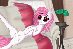 Size: 3000x2000 | Tagged: safe, artist:stravy_vox, imported from derpibooru, oc, oc only, bat pony, pony, bat pony oc, couch, female, solo