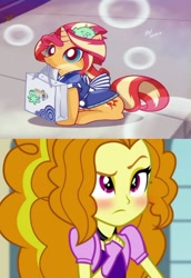 Size: 504x733 | Tagged: safe, artist:theratedrshimmer, edit, edited screencap, imported from derpibooru, screencap, adagio dazzle, sunset shimmer, human, pony, unicorn, equestria girls, blushing, female, food, lesbian, shipping, shipping domino, sunsagio, sushi