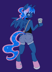 Size: 705x978 | Tagged: safe, artist:fajeh, imported from derpibooru, princess luna, semi-anthro, blue background, clothes, coffee, coffee cup, converse, cup, dark background, looking at you, ponytail, shoes, shorts, simple background, smiling, smiling at you, sneakers