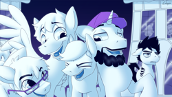 Size: 1920x1080 | Tagged: safe, artist:dmann892, edit, imported from derpibooru, oc, oc only, earth pony, pegasus, pony, unicorn, beard, facial hair, glasses, hat, horn, houses, laughing, male, oneyplays, tattoo