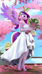 Size: 2160x3840 | Tagged: safe, artist:antonsfms, imported from derpibooru, princess cadance, alicorn, anthro, plantigrade anthro, 3d, beautiful, canterlot, canterlot wedding 10th anniversary, clothes, cute, day, dress, feet, flower, flower in hair, garden, gloves, glowing, glowing eyes, high heels, jewelry, marriage, open-toed shoes, outdoors, park, ring, shoes, solo, spread wings, stockings, thigh highs, toes, wedding, wedding dress, wedding ring, wind, wings