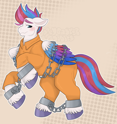 Size: 2526x2672 | Tagged: safe, artist:gooeygaster, imported from derpibooru, zipp storm, pegasus, pony, bound wings, chained, chains, clothes, commission, cuffed, cuffs, embarrassed, g5, looking away, never doubt rainbowdash69's involvement, prison outfit, shackles, unshorn fetlocks, wings