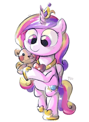 Size: 1024x1400 | Tagged: safe, artist:kukie, imported from derpibooru, princess cadance, alicorn, pony, bipedal, canterlot wedding 10th anniversary, colored wings, crown, cute, eyelashes, female, folded wings, heart, hoof hold, hoof shoes, hooves, horn, jewelry, looking down, mare, plushie, regalia, simple background, smiling, solo, teddy bear, two toned wings, white background, wings