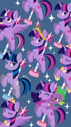 Size: 474x843 | Tagged: safe, artist:efuji_d, imported from derpibooru, spike, twilight sparkle, twilight twinkle, alicorn, dragon, pony, unicorn, big crown thingy, carousel, crown, dragons riding ponies, element of magic, female, jewelry, male, mare, multeity, one eye closed, open mouth, open smile, peytral, rainbow power, regalia, riding, smiling, sparkle sparkle sparkle, spike riding twilight, tiled background, tongue out, twilight sparkle (alicorn), unicorn twilight