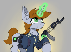 Size: 863x638 | Tagged: safe, artist:reddthebat, imported from derpibooru, oc, oc only, oc:littlepip, pony, unicorn, fallout equestria, clothes, fallout, female, gun, jumpsuit, magic, mare, solo, telekinesis, vault suit, weapon, zebra rifle