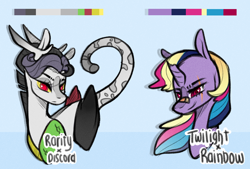 Size: 2144x1453 | Tagged: safe, artist:ryrxian, imported from derpibooru, oc, oc only, draconequus, hybrid, pony, unicorn, bust, draconequus oc, duo, eye scar, eyelashes, female, horn, interspecies offspring, magical lesbian spawn, mare, offspring, parent:discord, parent:rainbow dash, parent:rarity, parent:twilight sparkle, parents:raricord, parents:twidash, scar, smiling, unicorn oc