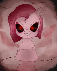 Size: 1012x1280 | Tagged: safe, artist:jasuu-nyan, imported from derpibooru, pinkie pie, earth pony, pony, black sclera, bust, evil grin, female, glowing, glowing eyes, grin, mare, pinkamena diane pie, smiling, solo