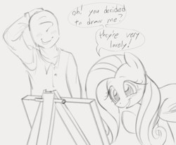 Size: 1011x835 | Tagged: safe, artist:dotkwa, imported from derpibooru, fluttershy, oc, oc:anon, human, pegasus, pony, arm behind head, blushing, dialogue, duo, easel, female, fluttershy day, gray background, grayscale, male, mare, monochrome, painting, simple background, sketch, speech bubble