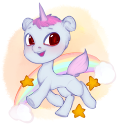 Size: 915x972 | Tagged: safe, artist:jasuu-nyan, imported from derpibooru, oc, oc only, pony, unicorn, blushing, female, horn, mare, rainbow, smiling, solo, stars, unicorn oc