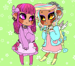 Size: 1166x1024 | Tagged: safe, artist:jasuu-nyan, imported from derpibooru, oc, oc only, human, boots, bow, clothes, duo, ear piercing, green background, hair bow, humanized, makeup, piercing, shoes, simple background, winged humanization, wings