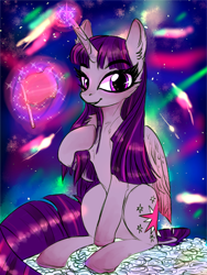 Size: 768x1024 | Tagged: safe, artist:jasuu-nyan, imported from derpibooru, twilight sparkle, alicorn, pony, ear fluff, female, hoof on chest, mare, sitting, smiling, solo, space, stars, twilight sparkle (alicorn)