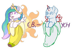 Size: 6154x4183 | Tagged: safe, artist:backgroundpony#f352, imported from derpibooru, princess celestia, alicorn, pegasus, pony, banana, commission, crown, cute, example, eyes open, female, food, fruit, horn, jewelry, male, mare, open mouth, regalia, simple background, solo, transparent background, wings, ych example, your character here