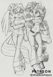 Size: 1194x1737 | Tagged: safe, artist:shadowhawx95, fluttershy, rarity, equestria girls, female, horn, monochrome, wings