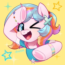 Size: 1024x1018 | Tagged: safe, artist:maren, imported from derpibooru, oc, pony, unicorn, clothes, horn, one eye closed, open mouth, unicorn oc