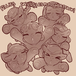 Size: 1200x1200 | Tagged: safe, artist:cold-blooded-twilight, apple bloom, babs seed, diamond tiara, scootaloo, silver spoon, sweetie belle, earth pony, pegasus, pony, unicorn, female, filly, monochrome