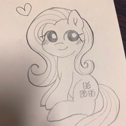 Size: 2048x2048 | Tagged: safe, artist:oekakikumao, imported from derpibooru, fluttershy, pony, female, floating heart, heart, mare, monochrome, smiling, solo, traditional art, wingless