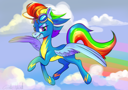 Size: 3507x2480 | Tagged: safe, artist:corelle-vairel, imported from derpibooru, rainbow dash, pegasus, pony, clothes, cloud, female, flying, goggles, goggles on head, grin, high res, lidded eyes, mare, rainbow trail, redraw, signature, sky, sky background, smiling, solo, uniform, wonderbolts uniform