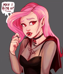 Size: 2907x3413 | Tagged: safe, artist:corelle-vairel, imported from derpibooru, fluttershy, bat pony, human, undead, vampire, bat ponified, bite mark, breasts, cape, choker, cleavage, clothes, dress, elf ears, fangs, female, flutterbat, gray background, humanized, race swap, red eyes, signature, simple background, slit pupils, solo, speech bubble