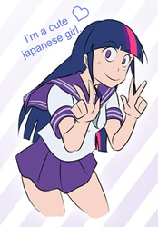 Size: 230x330 | Tagged: safe, artist:kibate, edit, imported from derpibooru, twilight sparkle, human, abstract background, anime, clothes, cropped, female, heart, humanized, japanese, sailor uniform, schoolgirl, skirt, smiling, uniform, victory sign