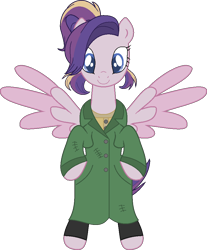 Size: 809x976 | Tagged: safe, artist:westrail642fan, imported from derpibooru, oc, oc only, oc:shooting star (r&f), pegasus, rise and fall, anastasia, bipedal, clothes, coat, colored wings, parent:oc:david wyne, parent:princess cadance, parents:canon x oc, ponytail, simple background, spread wings, transparent background, two toned wings, westrail642fan's cadance template, wings