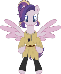 Size: 809x976 | Tagged: safe, artist:westrail642fan, imported from derpibooru, oc, oc only, oc:shooting star (r&f), pegasus, rise and fall, anastasia, belt, bipedal, clothes, colored wings, parent:oc:david wyne, parent:princess cadance, parents:canon x oc, ponytail, shirt, simple background, spread wings, transparent background, trousers, two toned wings, westrail642fan's cadance template, wings