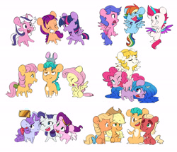 Size: 6032x5188 | Tagged: safe, artist:chub-wub, imported from derpibooru, applejack, applejack (g1), firefly, fluttershy, hitch trailblazer, izzy moonbow, pinkie pie, pipp petals, posey, rainbow dash, rarity, sparkler (g1), sprout cloverleaf, sunny starscout, surprise, twilight, twilight sparkle, zipp storm, alicorn, earth pony, pegasus, pony, unicorn, applejack's hat, chibi, cowboy hat, cute, eyes closed, female, freckles, g1, g1 six, g4, g5, grin, hat, male, mane five (g5), mane six, mare, multiple characters, new mane six (g5), one eye closed, open mouth, selfie, simple background, smiling, stallion, sunny and her heroine, twilight sparkle (alicorn), wall of tags, white background