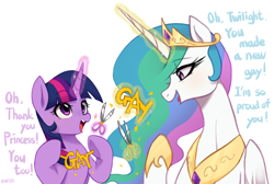 Size: 3372x2266 | Tagged: safe, artist:maren, imported from derpibooru, princess celestia, twilight sparkle, alicorn, pony, duo, female, glowing, glowing horn, horn, levitation, magic, mare, paper, scissors, simple background, telekinesis, twilight sparkle (alicorn), white background