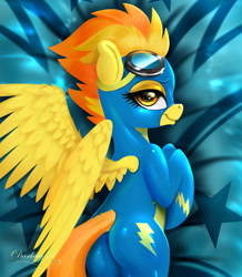 Size: 1747x2001 | Tagged: safe, artist:darksly, imported from derpibooru, spitfire, pegasus, pony, bedroom eyes, body pillow, body pillow design, butt, clothes, commission, cute, cutefire, dakimakura cover, female, firebutt, goggles, looking at you, mare, plot, preview, smiling, smirk, solo, uniform, wonderbolts, wonderbolts uniform