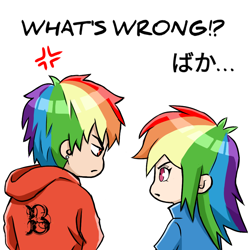 Size: 1000x1000 | Tagged: safe, artist:soarinbolt11, imported from derpibooru, rainbow dash, human, anime style, clothes, cross-popping veins, dialogue, duo, english, eye contact, female, hoodie, humanized, jacket, japanese, looking at each other, looking at someone, male, palindrome get, rainbow blitz, rule 63, self paradox, simple background, white background