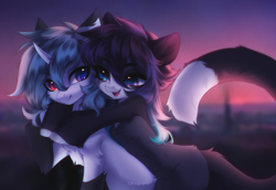 Size: 3488x2400 | Tagged: safe, artist:shenki, imported from derpibooru, oc, oc only, oc:bloody sky, oc:shenki, cat, earth pony, hybrid, pony, unicorn, black mane, blue eye, cheek fluff, chest fluff, colored pupils, duo, embrace, eye contact, eyebrows, eyebrows visible through hair, eyelashes, gray mane, heterochromia, high res, horn, hug, looking at each other, looking at someone, multicolored eyes, red eye, romantic, shipping, signature, smiling, smiling at each other, two toned coat, unicorn oc