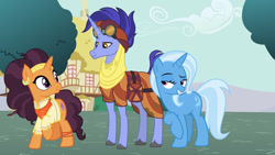 Size: 1280x721 | Tagged: safe, artist:3d4d, imported from derpibooru, hoo'far, saffron masala, trixie, female, hoo'far gets all the mares, male, polyamory, saf'far, shipping, straight, trixfar
