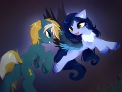 Size: 3890x2943 | Tagged: safe, artist:magnaluna, imported from derpibooru, oc, oc only, oc:tundra, oc:wooded bastion, pegasus, pony, unicorn, chest fluff, colored ear fluff, duo, ear fluff, horn, pegasus oc, unicorn oc, unshorn fetlocks