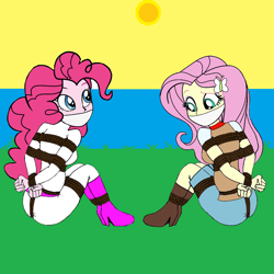Size: 768x768 | Tagged: safe, artist:atmu, imported from derpibooru, fluttershy, pinkie pie, equestria girls, arm behind back, bondage, bound and gagged, cloth gag, confused, cowgirl, cowgirl outfit, duo, duo female, female, gag, help us, huh, rope, rope bondage, ropes, tied up