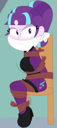Size: 1280x2841 | Tagged: safe, artist:redstheatre, imported from derpibooru, starlight glimmer, equestria girls, angry, arm behind back, bondage, bound and gagged, cloth gag, clothes, gag, glare, huh, looking at you, rope, rope bondage, s5 starlight, starlight glimmer in places she shouldn't be, struggling, tied hair, tied to chair, tied up