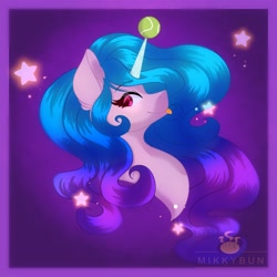 Size: 3400x3400 | Tagged: safe, artist:mikkybun, imported from derpibooru, izzy moonbow, pony, unicorn, ball, bust, g5, horn, hornball, izzy's tennis ball, portrait, profile, smiling, solo, tennis ball, tongue out