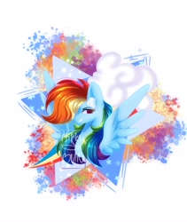 Size: 3456x4096 | Tagged: safe, artist:mikkybun, imported from derpibooru, rainbow dash, pegasus, pony, abstract background, bust, ear fluff, solo, watermark, wings
