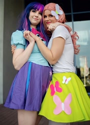 Size: 1412x1970 | Tagged: safe, artist:jadechancosplay, artist:mauscosplay, imported from derpibooru, fluttershy, twilight sparkle, human, equestria girls, clothes, cosplay, costume, duo, hug, irl, irl human, photo