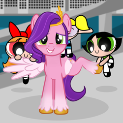 Size: 1920x1920 | Tagged: safe, artist:fiona984, artist:grapefruit-face, artist:knightmew, artist:slytherinpony, imported from derpibooru, pipp petals, pegasus, pony, double rainboom, blossom (powerpuff girls), blushing, bubbles (powerpuff girls), buttercup (powerpuff girls), city, crossover, eyes closed, floating, g4, g5, g5 to g4, generation leap, happy, my little pony: a new generation, show accurate, the powerpuff girls, touching hooves, unshorn fetlocks