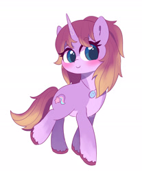 Size: 2496x3009 | Tagged: safe, artist:leo19969525, imported from derpibooru, oc, oc only, unicorn, blue eyes, blushing, colored hooves, cute, female, full body, horn, jewelry, looking at you, ocbetes, pale belly, pendant, simple background, smiling, smiling at you, solo, tail, walking, white background