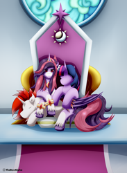 Size: 2438x3326 | Tagged: safe, artist:thebenalpha, imported from derpibooru, twilight sparkle, oc, oc:ryoku memori, oc:yume shine, alicorn, original species, plush pony, :3, alicorn oc, canterlot castle, crown, horn, jewelry, plushie, regalia, ryoku verse alternative, throne, throne room, twilight sparkle (alicorn), wings