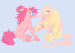 Size: 3876x2716 | Tagged: safe, artist:freedomeverlasting, imported from derpibooru, fluttershy, pinkie pie, earth pony, pegasus, pony, blue background, blushing, female, flutterpie, heart eyes, holding hooves, lesbian, mare, missing cutie mark, shipping, simple background, wingding eyes