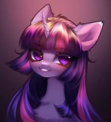 Size: 1164x1279 | Tagged: safe, artist:shenki, imported from derpibooru, twilight sparkle, pony, unicorn, bust, chest fluff, colored pupils, eyebrows, eyebrows visible through hair, eyelashes, female, gradient background, horn, looking at you, mare, multicolored mane, portrait, purple eyes, signature, smiling, smiling at you, solo