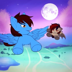 Size: 894x894 | Tagged: safe, artist:wild-fluff, imported from derpibooru, oc, oc:pegasusgamer, bat pony, pegasus, pony, bat pony oc, moon, pegasus oc, spread wings, wings